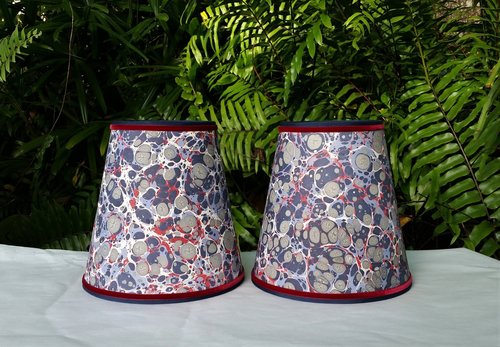 Pair Marbled Paper Lampshades Red White Blue Gray
