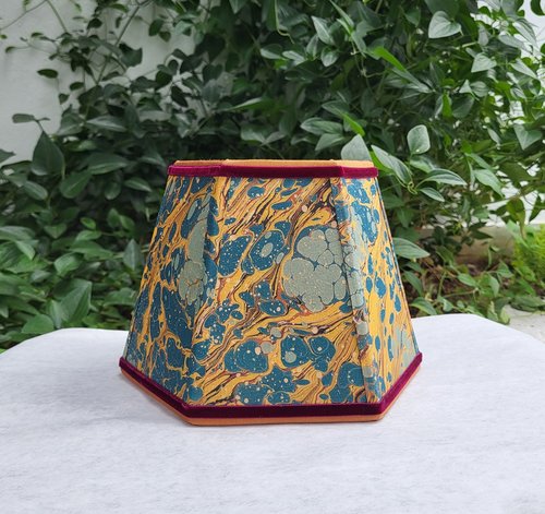 Small Marbled Paper Lampshade Hexagon Green