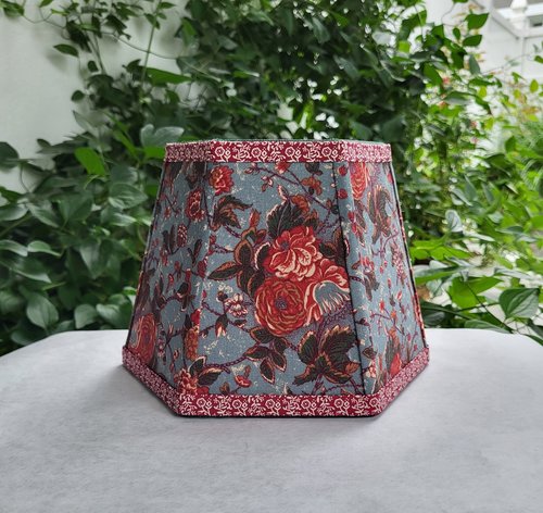 Small Floral Lampshade, Antique Blue Red Green Clip On Hex Bell