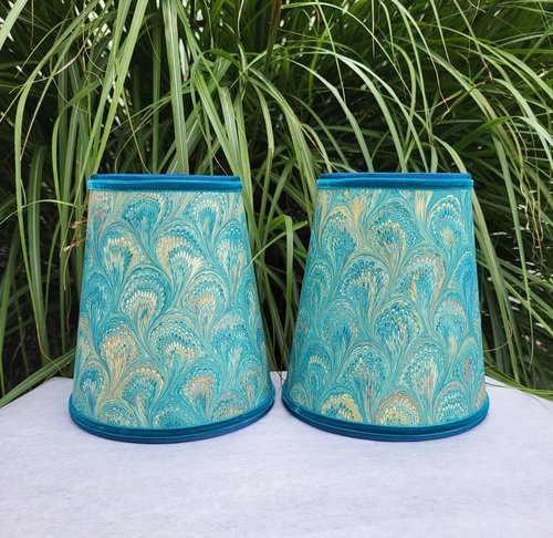 Pair Marbled Paper Sconce Lampshades Turquoise