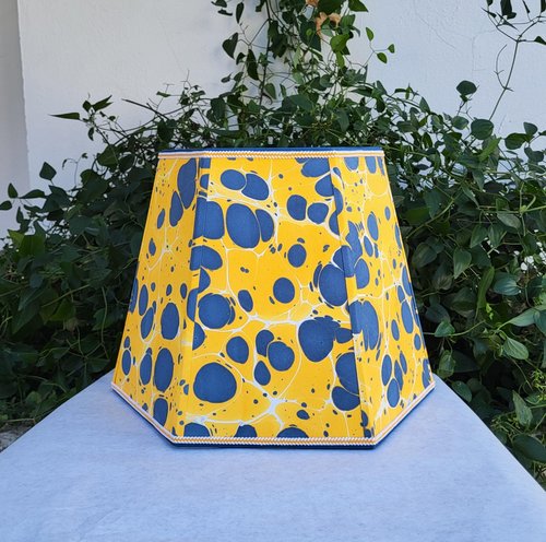 Large Marbled Paper Lampshade Yellow Blue