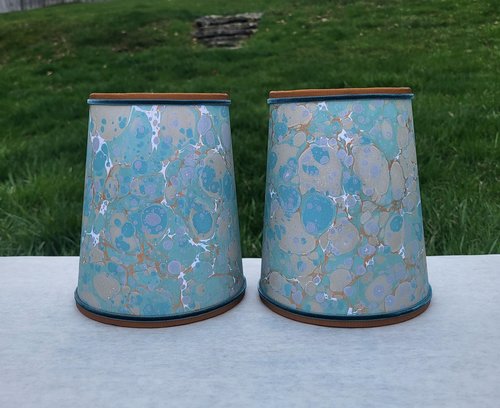 Pair Sea Foam Green Gold Marbled Paper Sconce Lampshades Candle Bulb